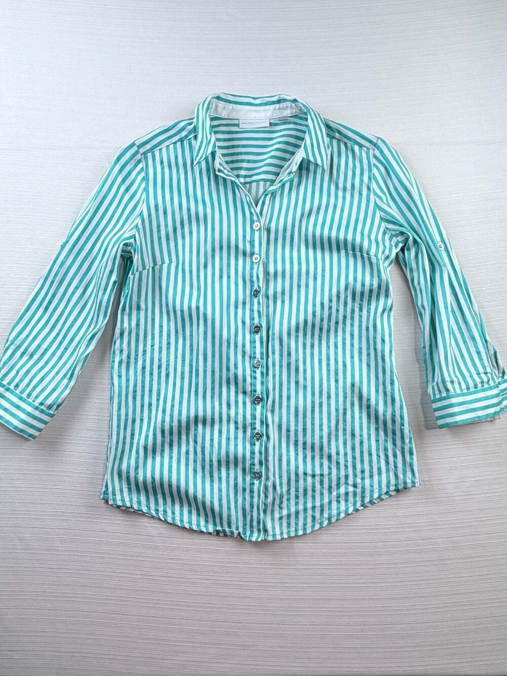 New York & Company Stretch Green and White Striped Button-Up Shirt Women's XS
